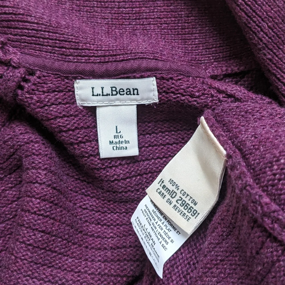 LL Bean Shawl Collar Cardigan Sweater Woman L Purple Ribbed Knit Open Front Long - Picture 3 of 5